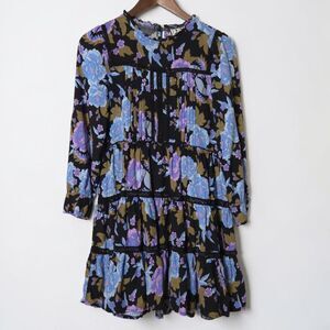 Jaase Tiered Mini Dress S Floral Lace Detail Bohemian Cottage Black Purple Women
